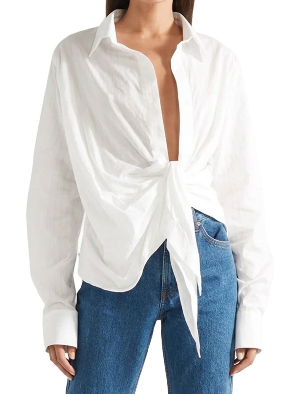 Jacquemus La Bomba White Cotton Front Knot Draped Blouse Shirt FR 34
